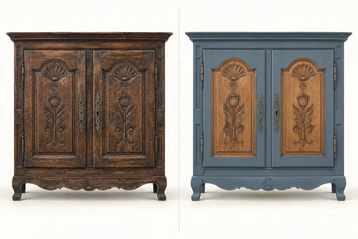 Relooking de meuble breton avant après avec bois naturel et peinture bleu grisé