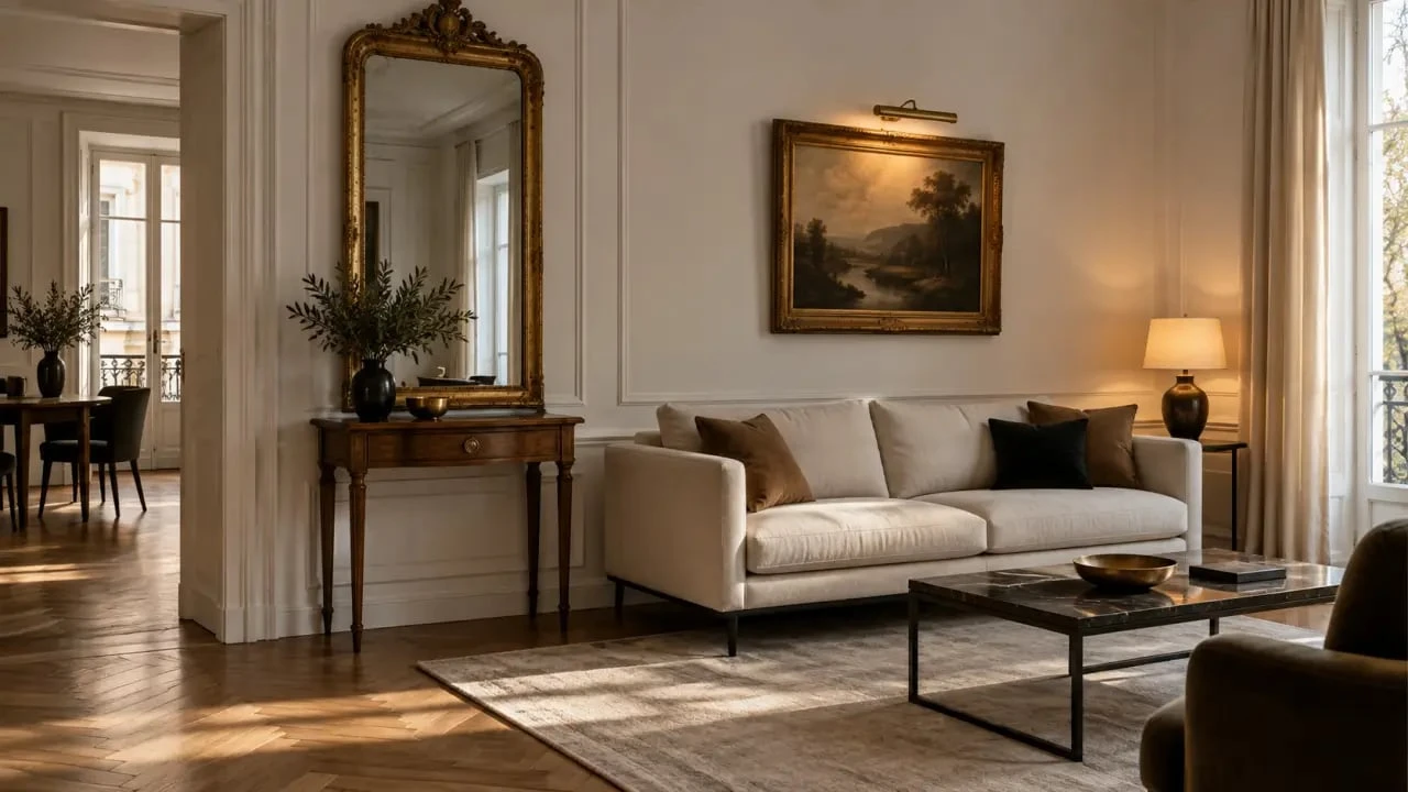 Déco salon mélange ancien et moderne dans un petit salon avec miroir doré et éclairage chaud