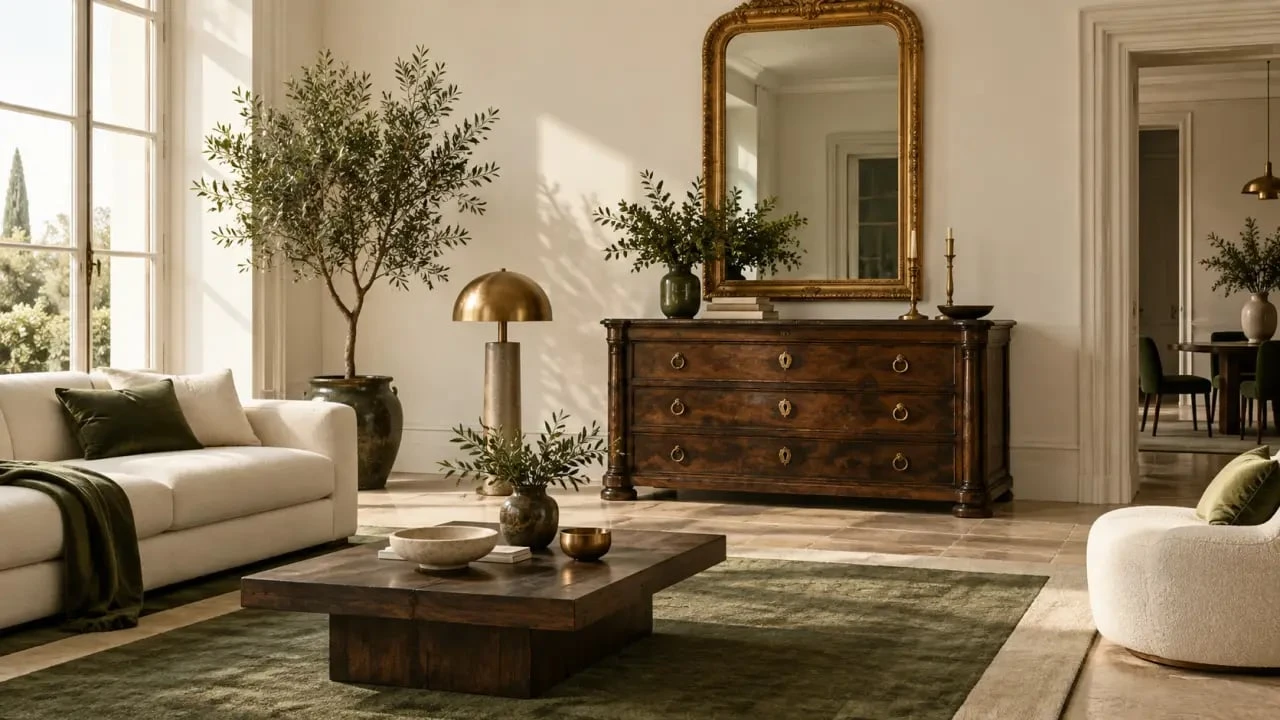 Déco salon mélange ancien et moderne avec commode patinée et canapé contemporain