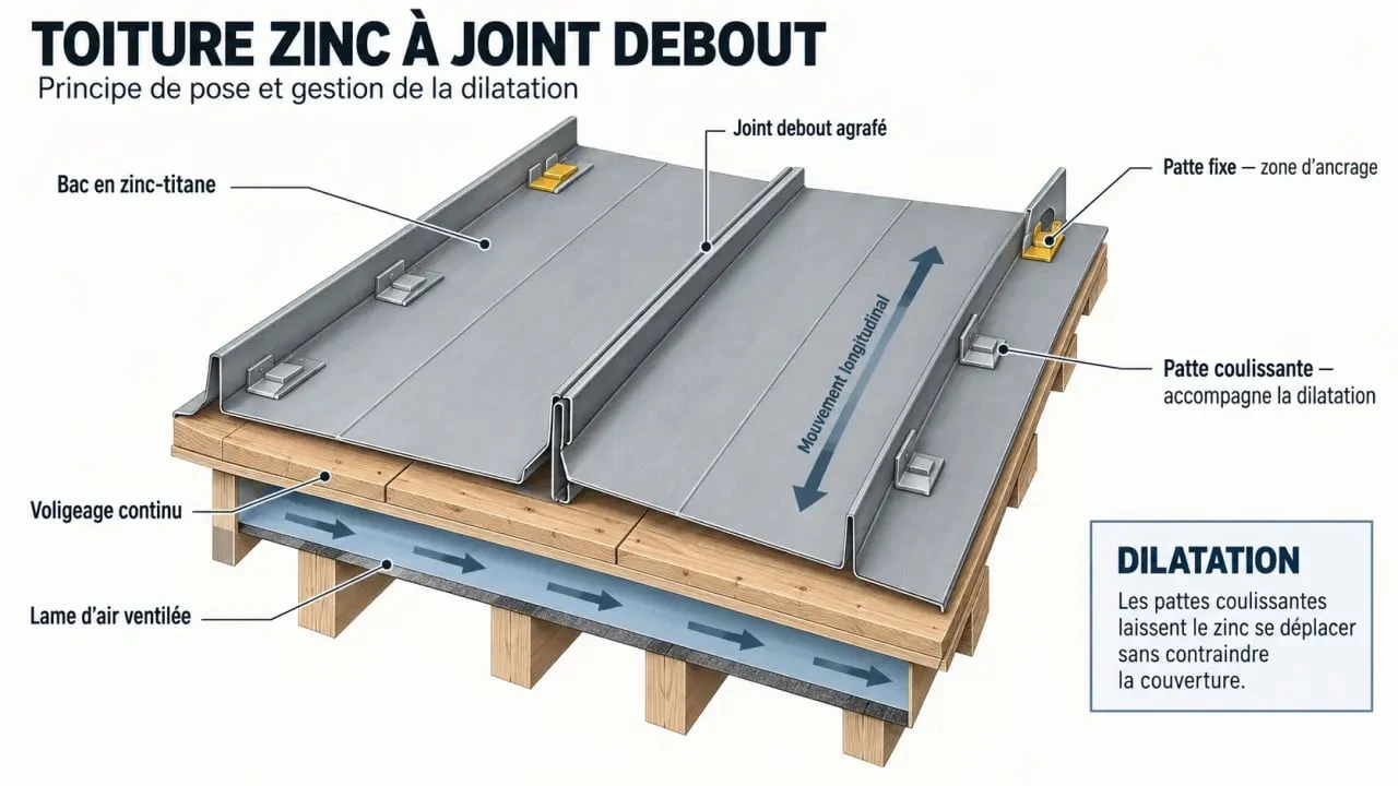 Schéma du fonctionnement d’une toiture zinc à joint debout avec pattes fixes et coulissantes