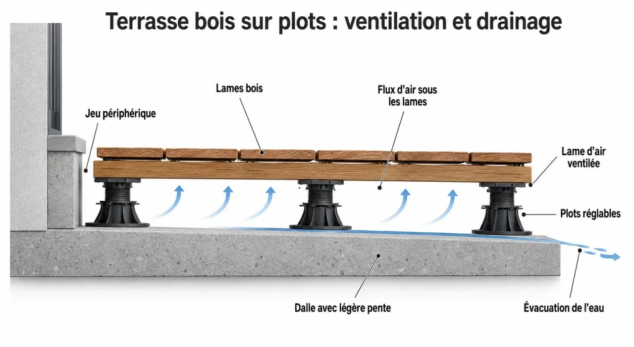 Terasse en bois : coupe technique montrant ventilation, pente et évacuation de l'eau