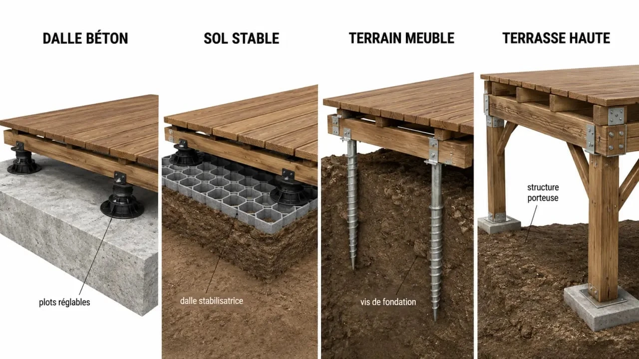 Terasse en bois : comparaison visuelle des structures selon le support et la hauteur