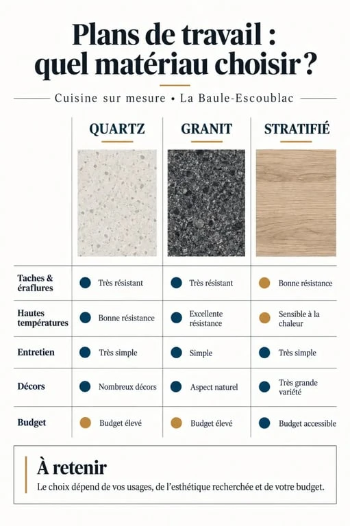 Cuisine sur mesure à La Baule-Escoublac : comparaison des plans de travail en quartz, granit et stratifié