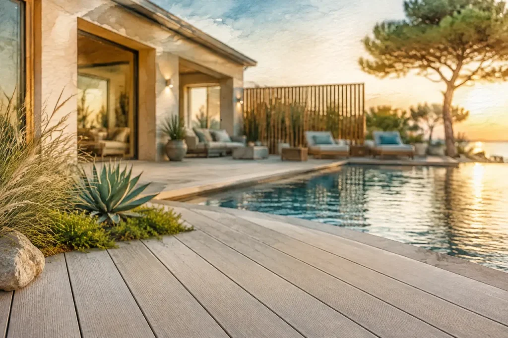 Lames de terrasse composite : le confort pieds nus et moins d’entretien près de la piscine