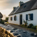 Maison traditionnelle bretonne : longère et maison de pêcheur près d’une chaumière, Bretagne