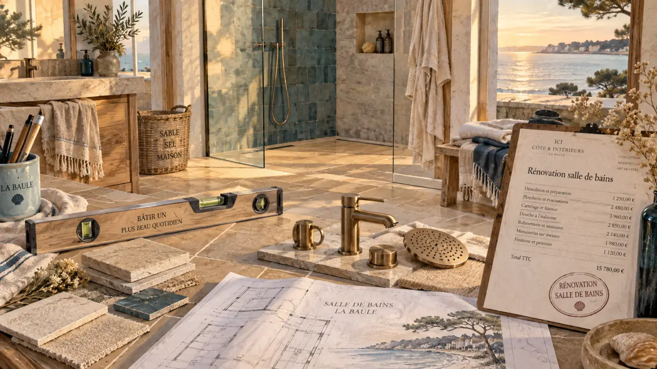 Salle de bains La Baule en rénovation, carrelage et douche à l’italienne, chantier en bord de mer
