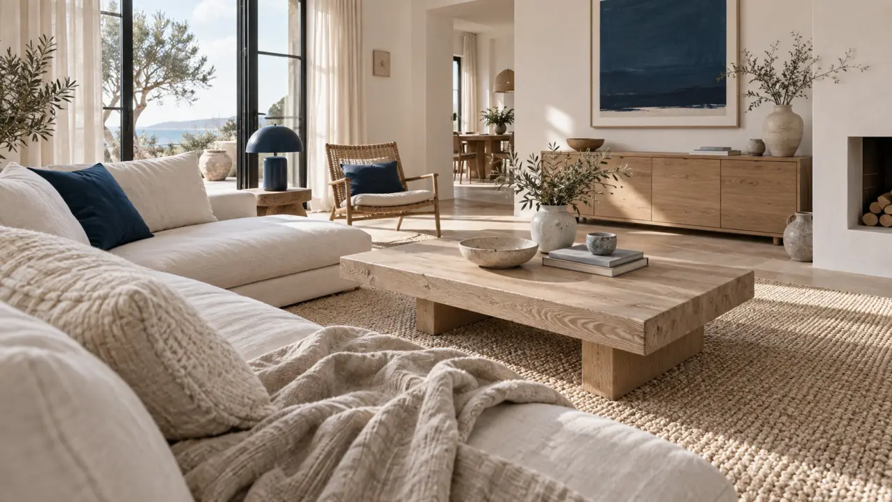 Salon blanc et bois lumineux, canapé blanc cassé et bois clair