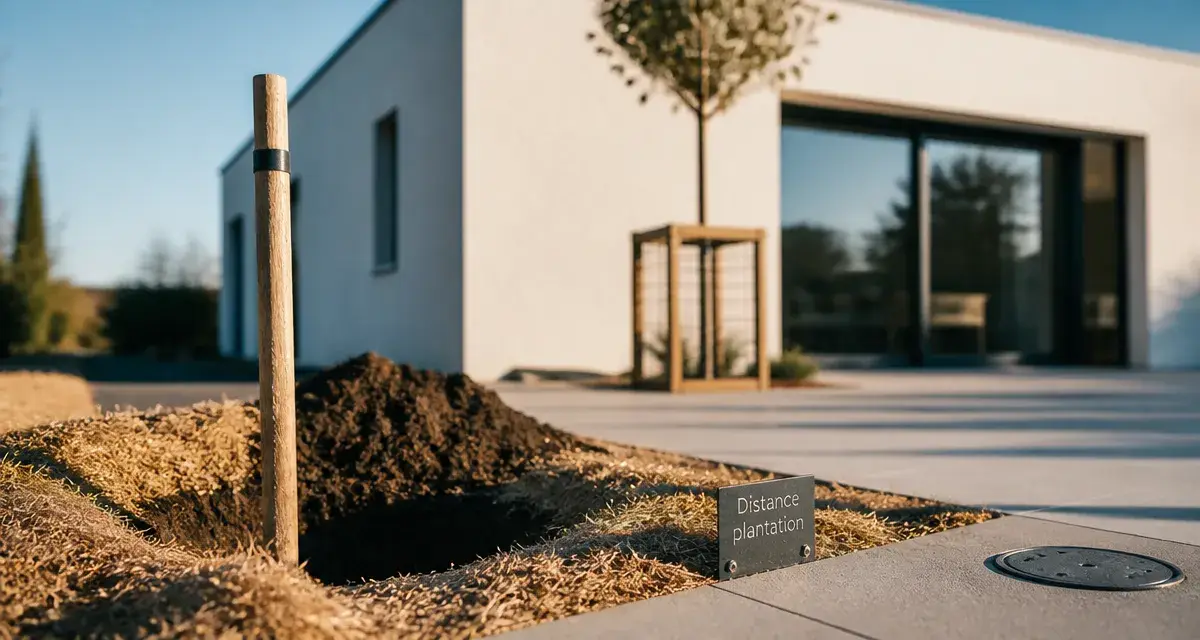 Arbre devant maison moderne, distance de plantation