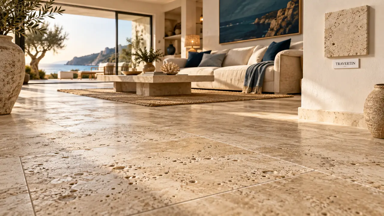 Carrelage travertin intérieur beige en pierre naturelle, lumineux et élégant