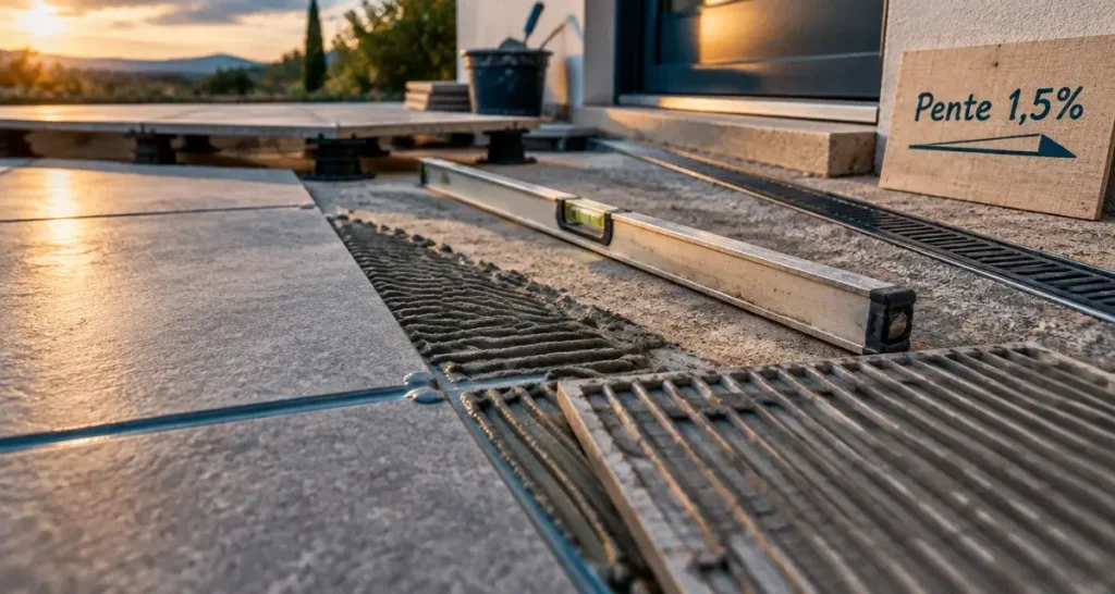 Carreler une terrasse extérieure exige une pente de 1,5 % et un support stable