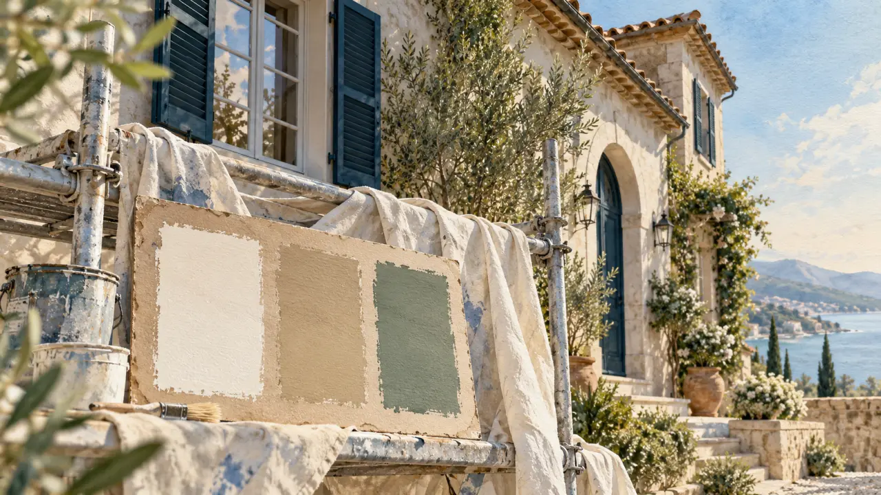 Couleurs pour facades maison : trois échantillons (murs, volets, toiture) sur façade
