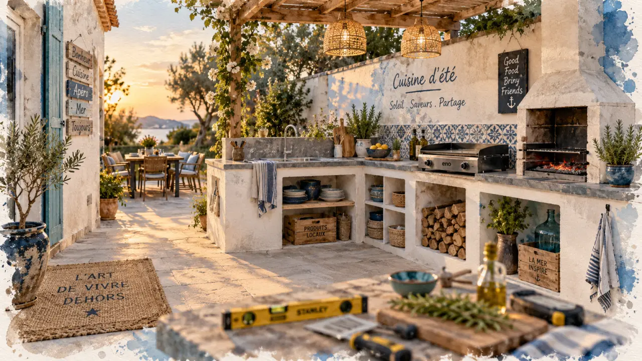 Cuisine d'ete a faire soi meme en béton cellulaire en L sur terrasse