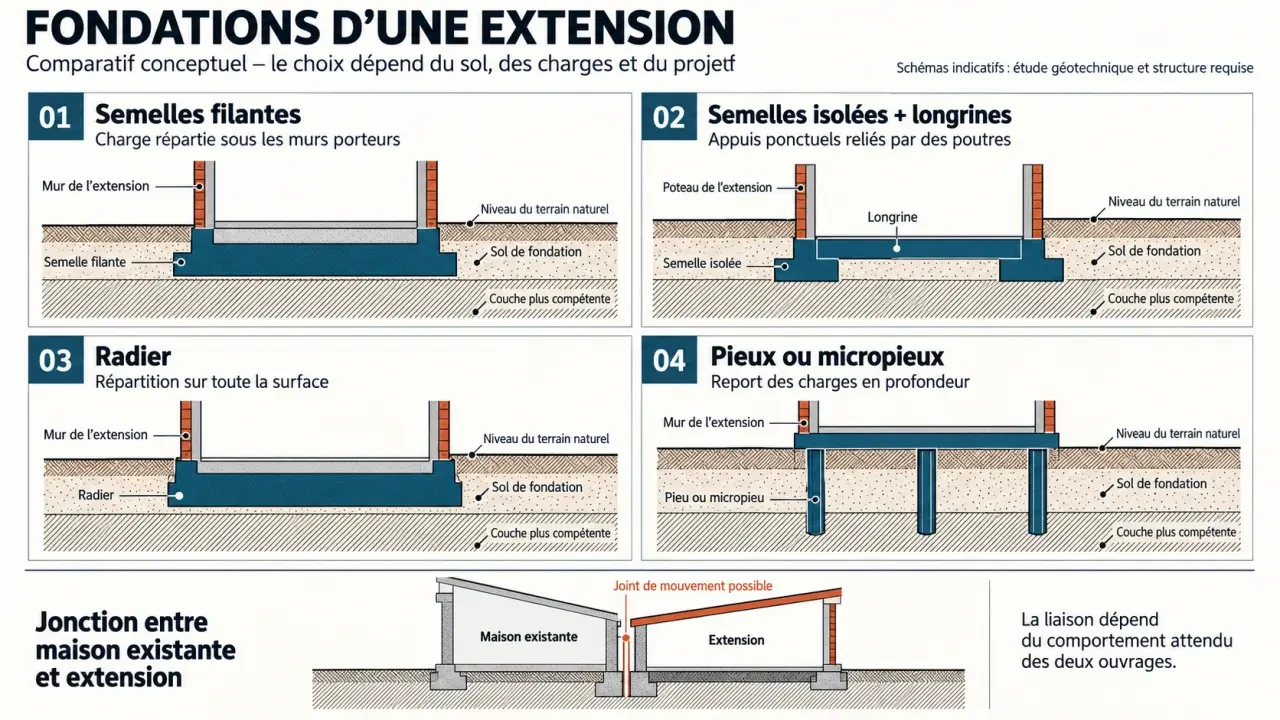 Fondation extension maison : comparaison visuelle des principales solutions de fondation et de la jonction avec l’existant