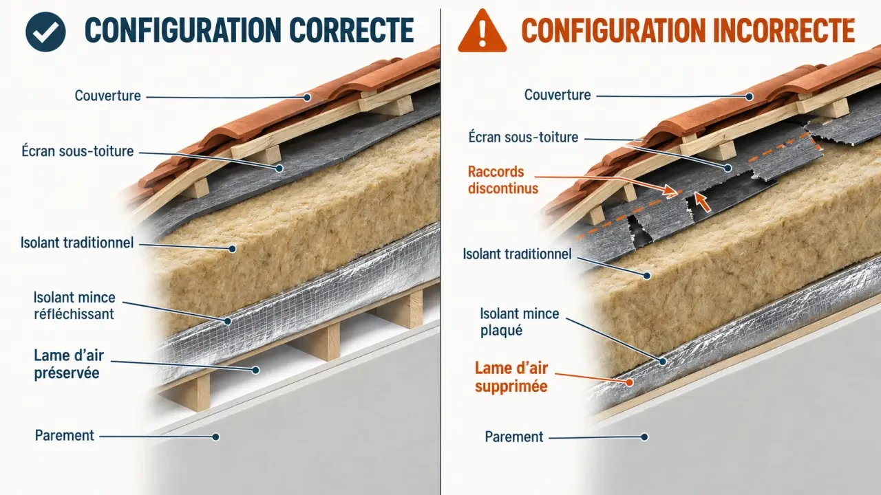 Schéma illustré d'un isolant mince sous toiture avec lame d'air et raccords continus