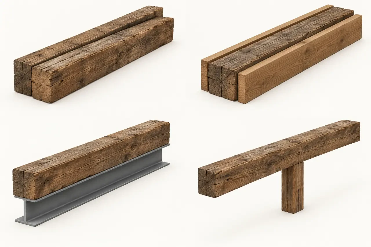 Renfort poutre bois par jumelage, moisage, acier et poteau