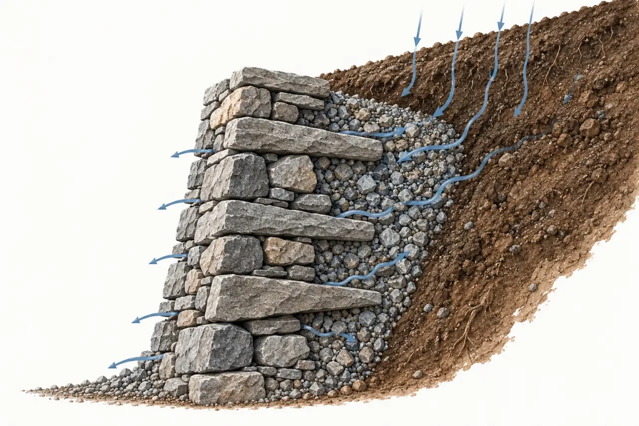 Schéma de fonctionnement d’un mur en pierre sèche avec boutisses et drainage