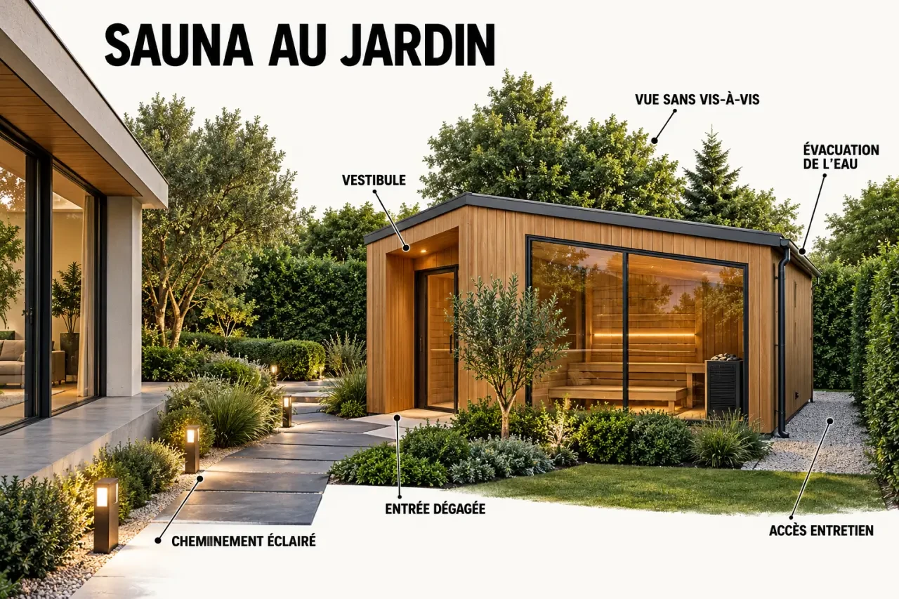 Intégration d’un sauna extérieur dans un jardin avec accès, vitrage, vestibule et entretien facilités
