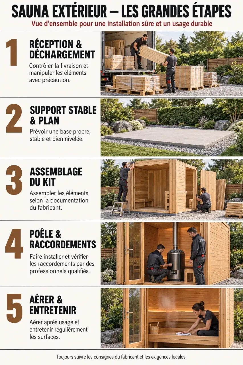 Étapes générales du montage et de l’entretien d’un sauna extérieur en kit