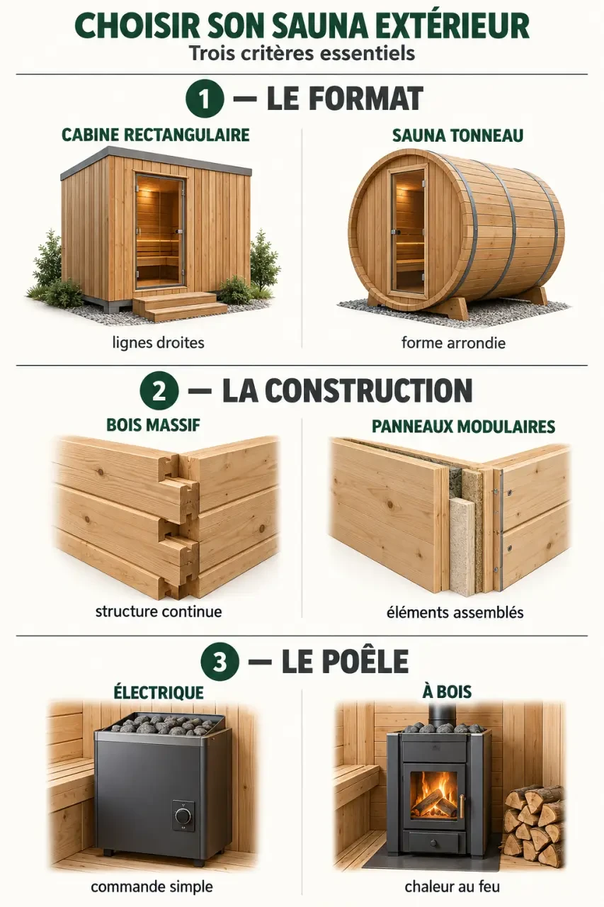 Infographie comparative pour choisir un sauna extérieur selon le format, la construction et le poêle