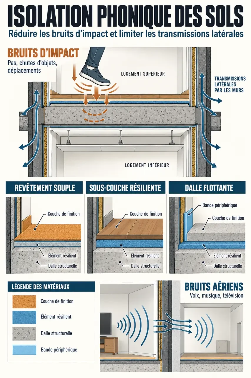 Infographie sur l’isolation phonique des sols et les solutions contre les bruits d’impact et aériens