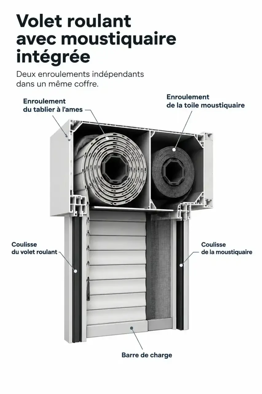 Schéma du fonctionnement d'un volet roulant avec moustiquaire intégrée : coffre, tablier et toile enroulés séparément