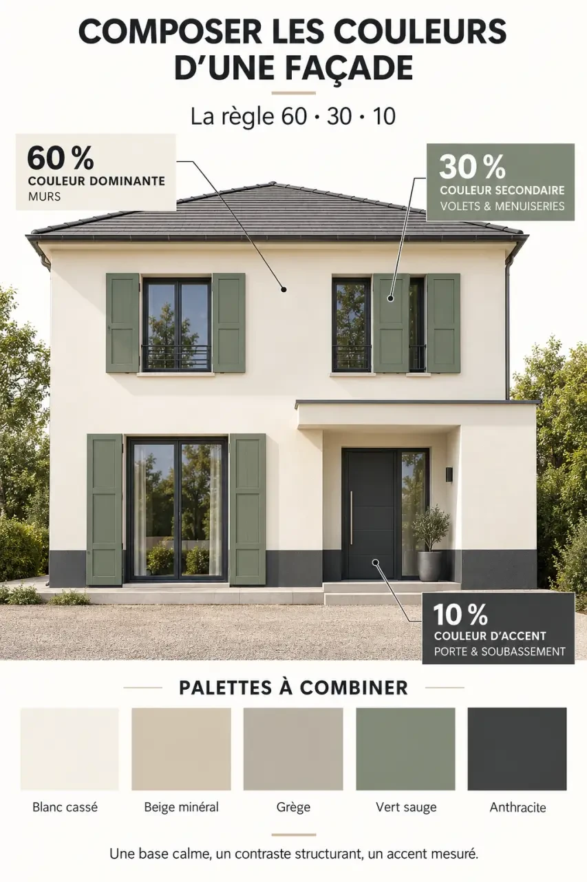 Infographie sur les couleurs pour façades maison et la règle 60 30 10