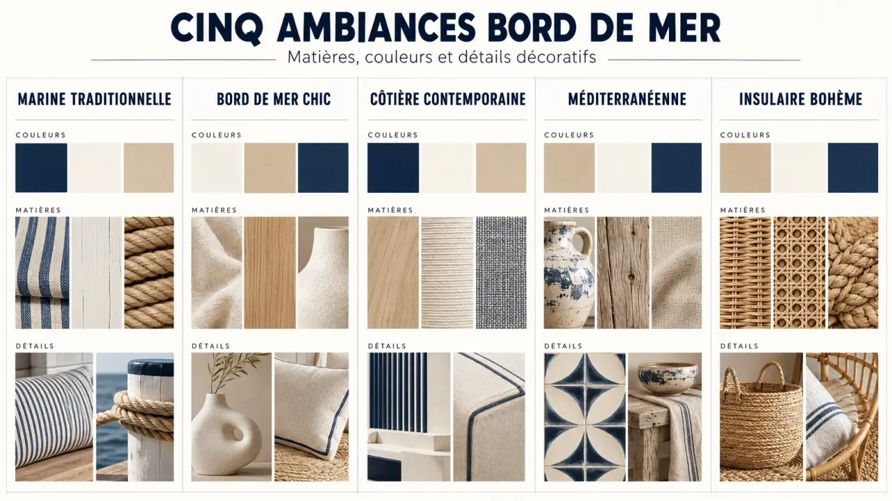 Comparaison des styles de décoration bord de mer et de leurs palettes de couleurs et matières