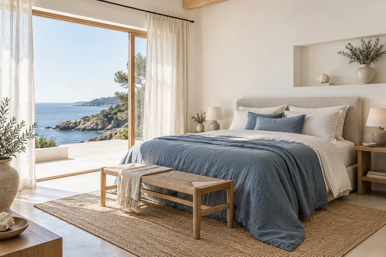 Chambre à la décoration bord de mer avec lin écru, bois clair et touches de bleu grisé