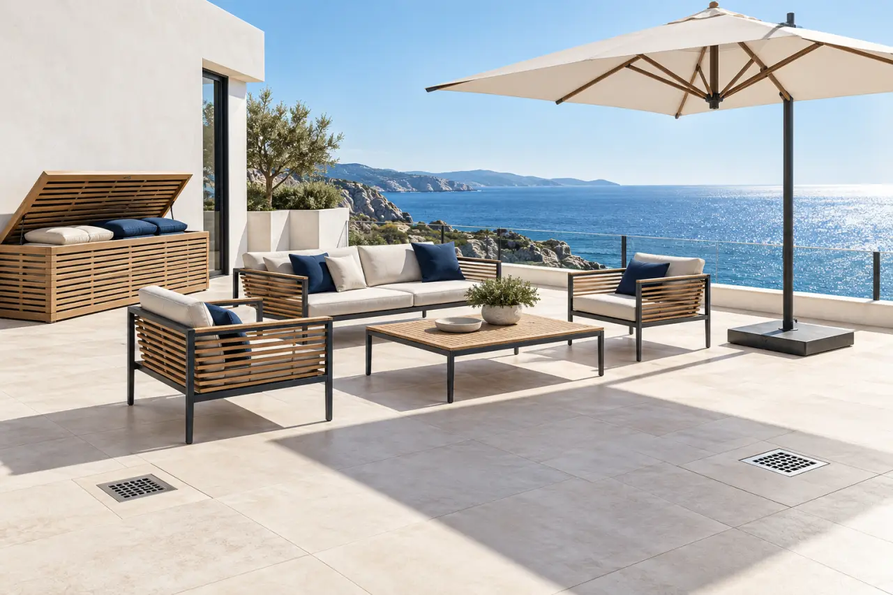 Aménager une terrasse côtière durable avec du mobilier résistant, des assises ajourées et des coussins rangés au sec
