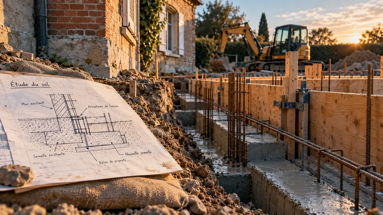 Fondation extension maison : raccord à l’existant, semelles en béton sur chantier