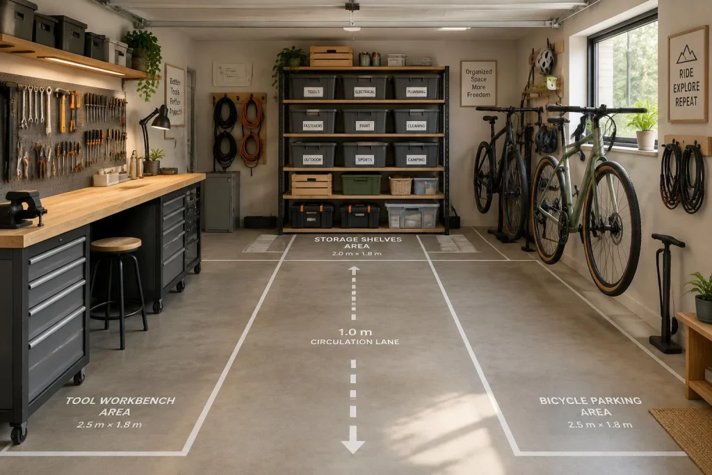 Un garage-atelier fonctionnel repose sur 4 zones et 1 mètre de dégagement