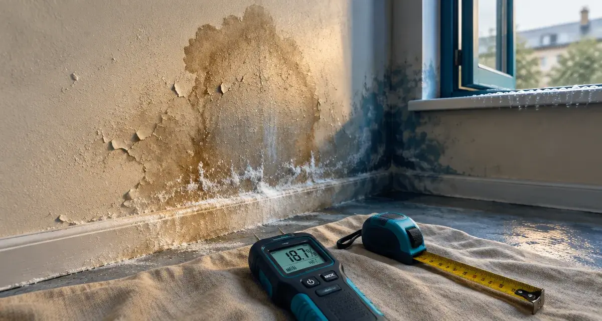 Infiltration d'eau de pluie dans les murs : traces d’humidité et efflorescences sur mur enduit
