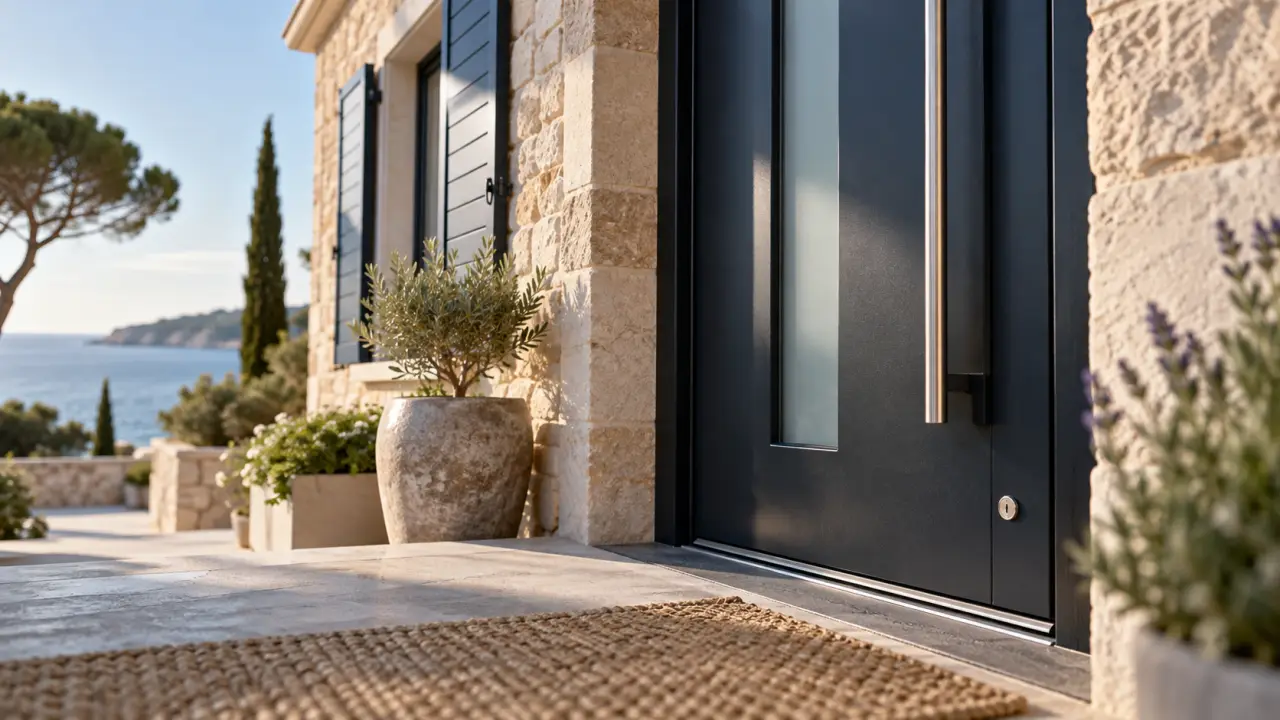 Porte d entrée alu noire avec vitrage dépoli, sécurité et lumière