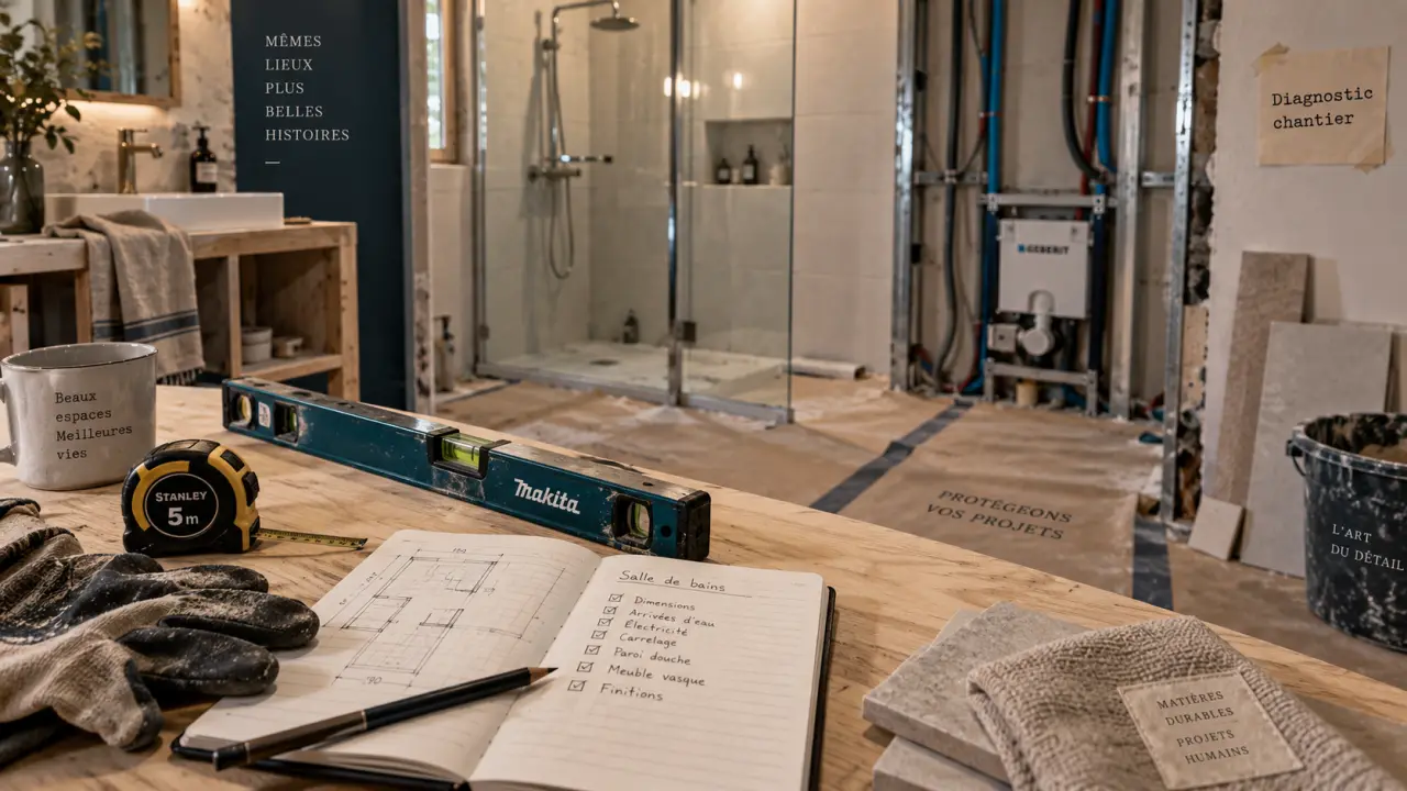 Rénover une salle de bains : plan de chantier, mètre et niveau en rénovation